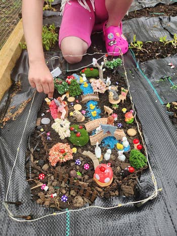 Reviewer arranging a colorful fairy garden