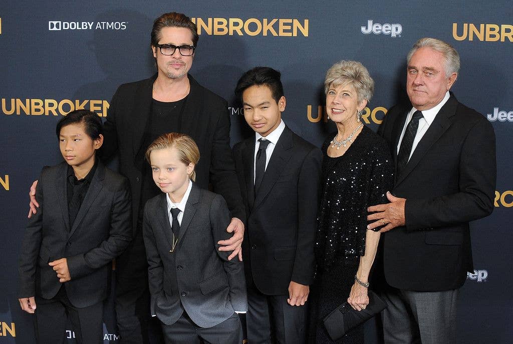 Brad Pitt, kids Maddox Jolie-Pitt, Shiloh Jolie-Pitt, Pax Jolie-Pitt and his parents arrive at the Los Angeles premiere of