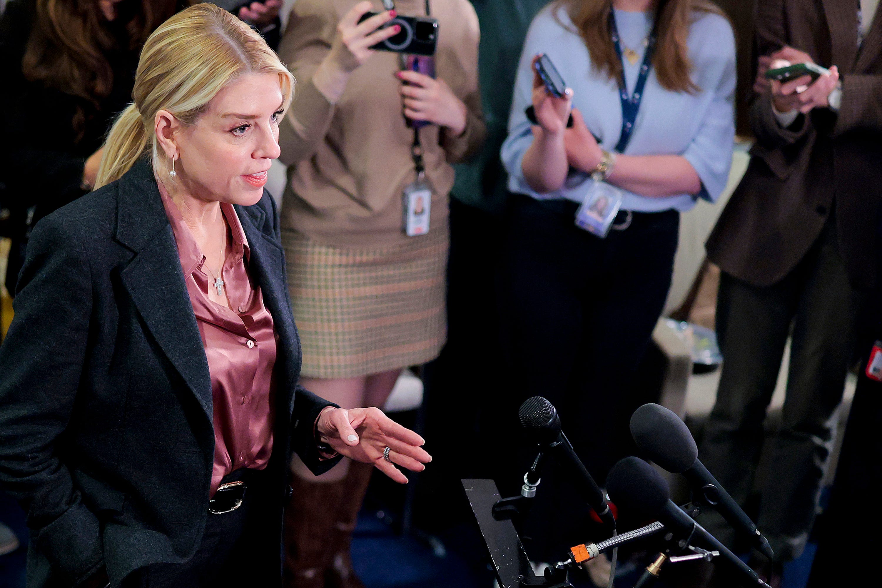 Then-U.S. Attorney General Pam Bondi spoke with press in the U.S. Capitol on March 18, 2026 in Washington, DC. Bondi and then-Deputy Attorney General Todd Blanche provided members of the House Committee on Oversight and Government Reform with a private briefing regarding the Epstein files that evening.
