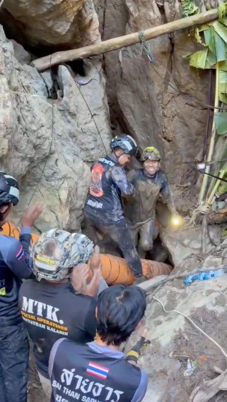Kengkard Bongawong, Head of the Metta Tham Kalasin Rescue, reacts as he comes out from the cave after finding out five people were alive, as the rescue team works to save trapped people in a cave, in Xaisomboun Province, Laos, 27 May 2026, in this screengrab taken from a handout video (Reuters)
