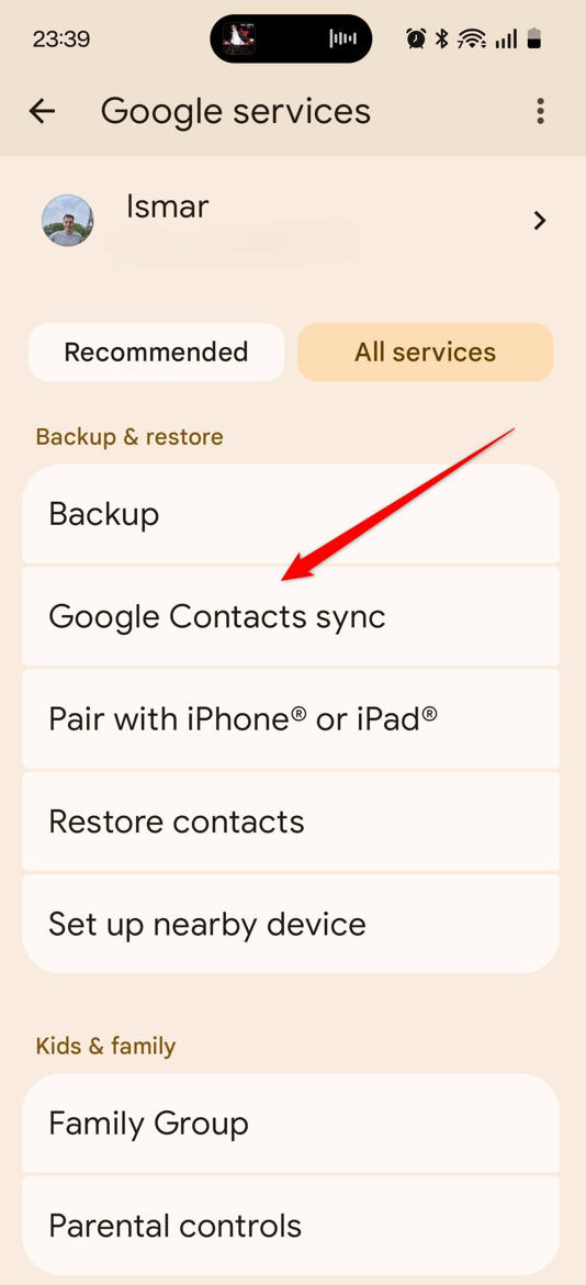 The Google Contacts sync option under backups.
