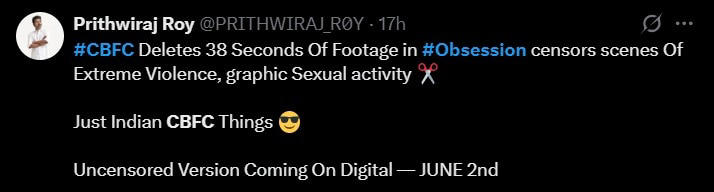 Censor board cuts 38 seconds from Obsession despite A rating, horror ...