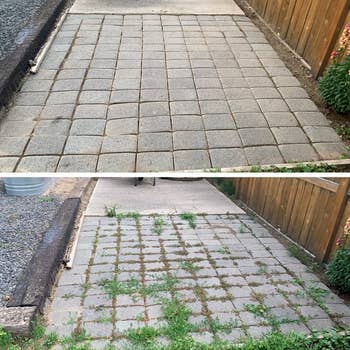 Comparison of two driveways: top is neat and clean, bottom is overgrown with grass between the paving stones