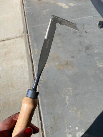 Person holding a crack weeding tool with a wooden handle