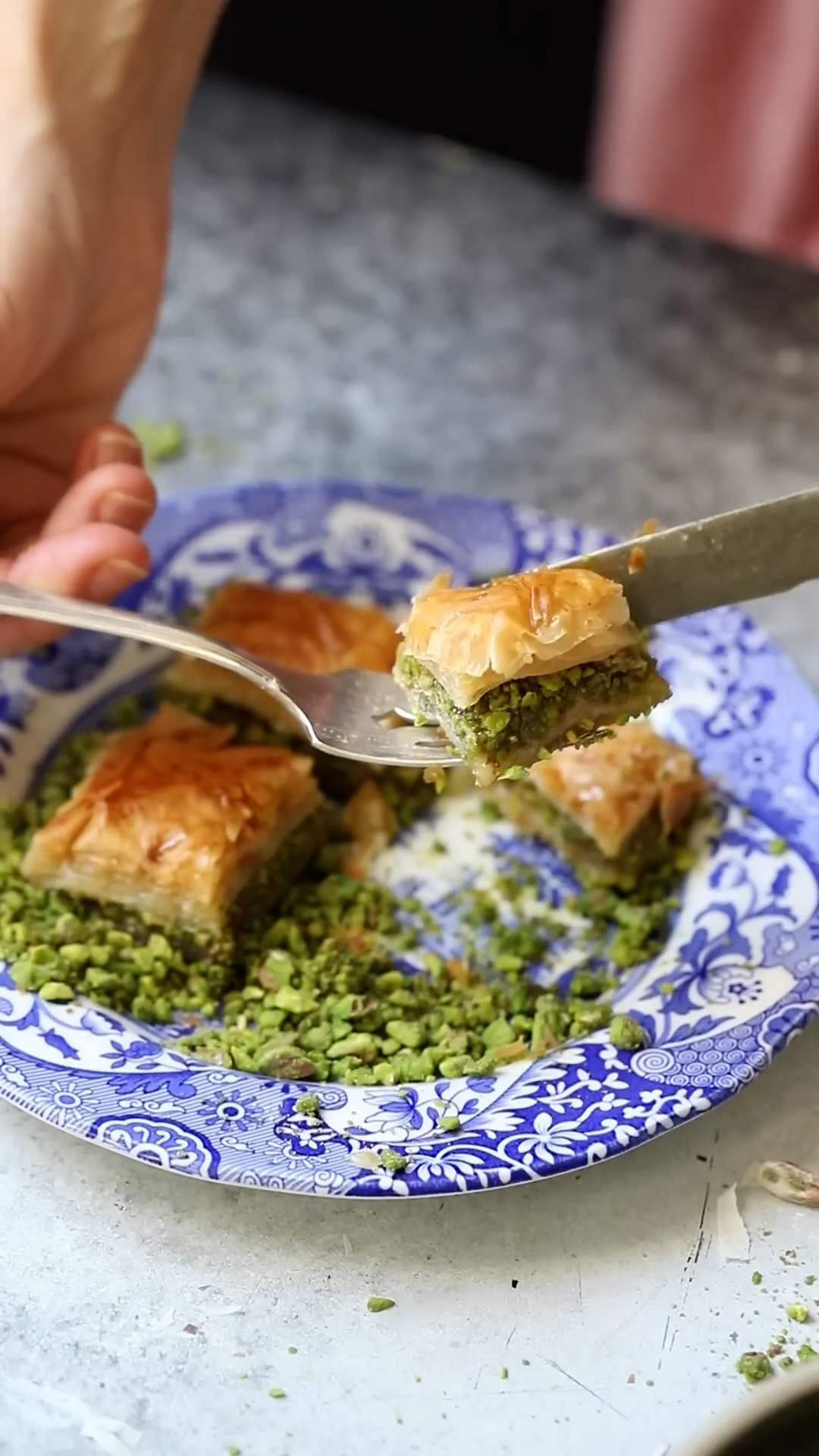 Layered pistachio baklava with honey syrup