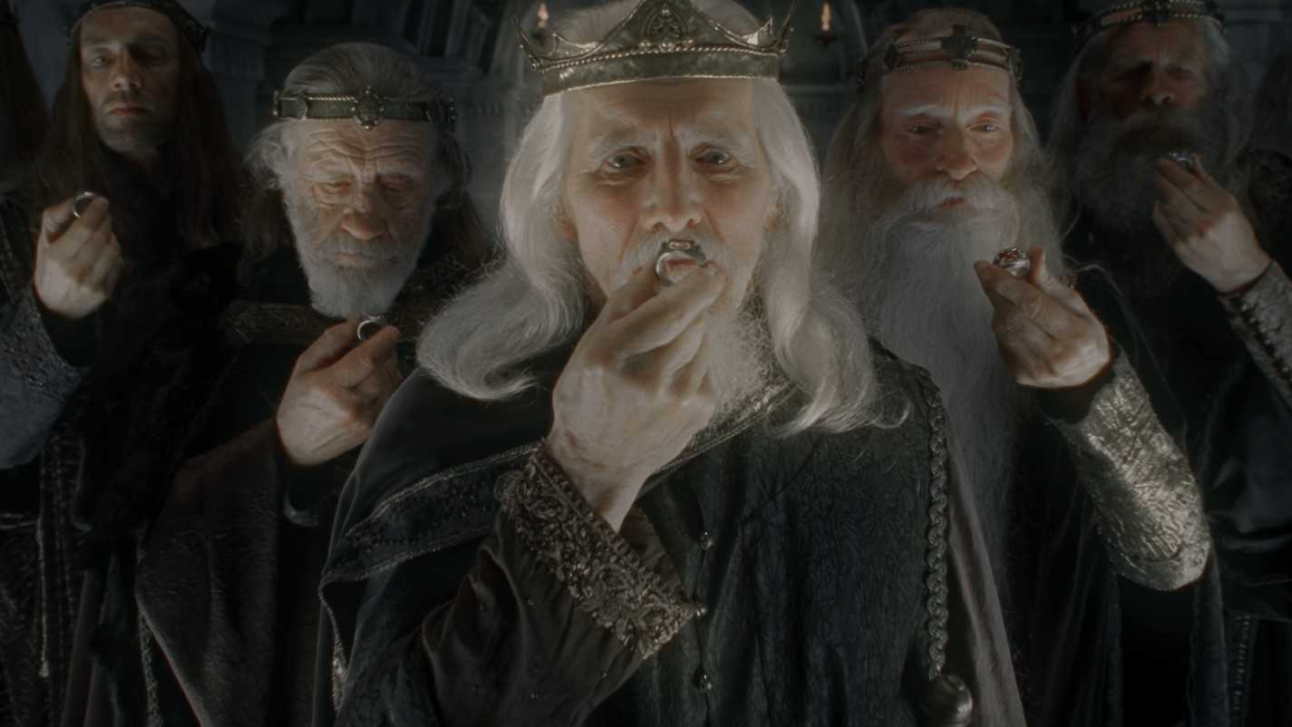 The Kings of Men holding their Rings of Power in The Lord of the Rings: The Fellowship of the Ring