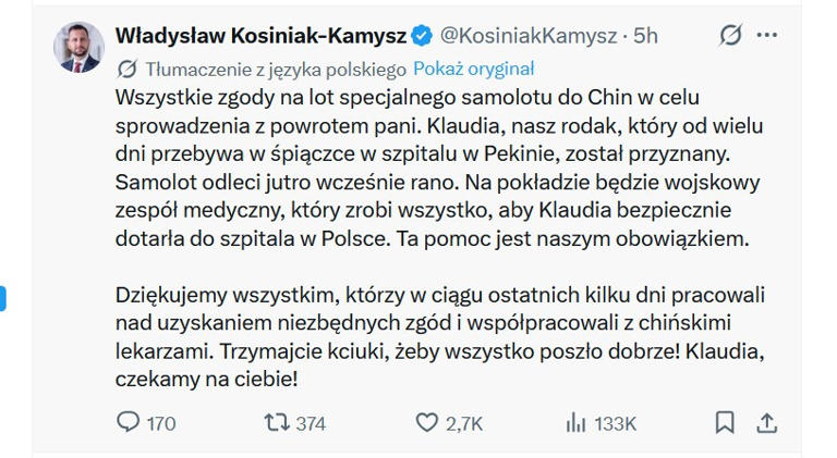 Po Wałbrzyszankę Klaudię Uciechowską poleci do Chin specjalny samolot ...