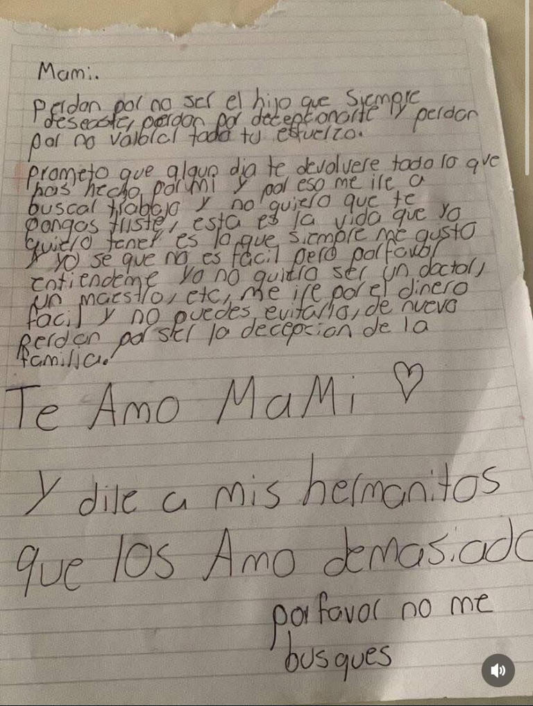 La carta de despedida que dejó un menor de edad a su madre para unirse al narco