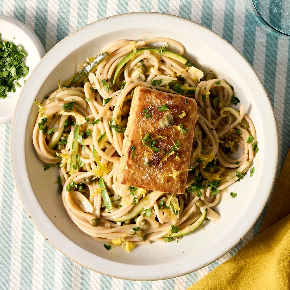 A recipe image of high protein zucchini piccata