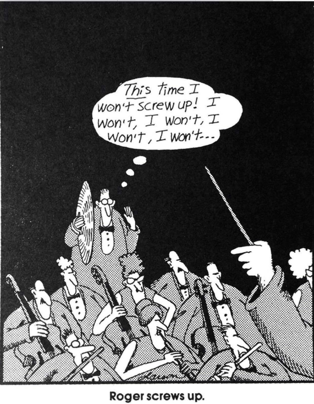 A percussionist stands with only one cymbal, thinking to himself that he won't screw up this time