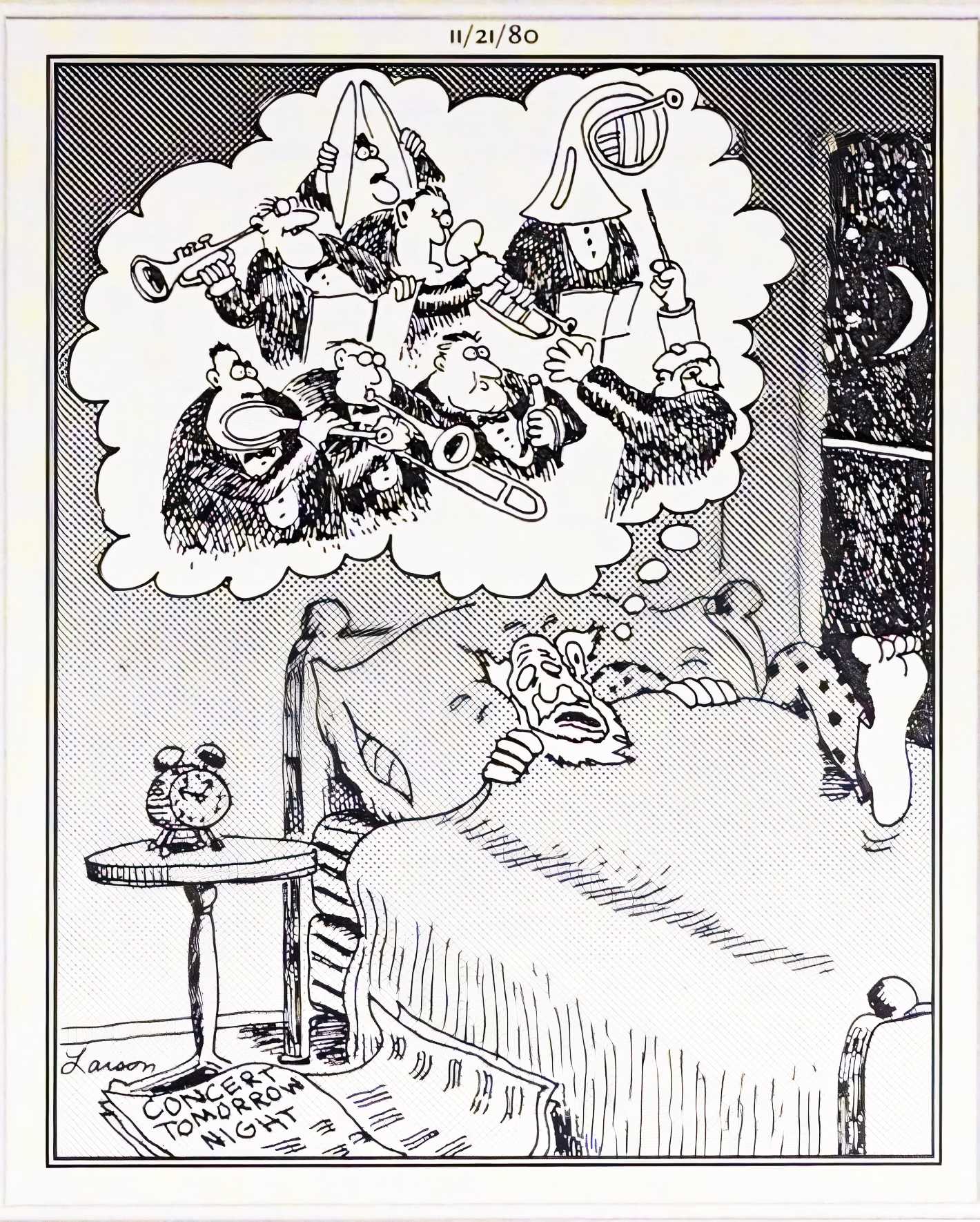 An orchestra conductor lies in bed and dreams about musicians playing their instruments in silly ways.