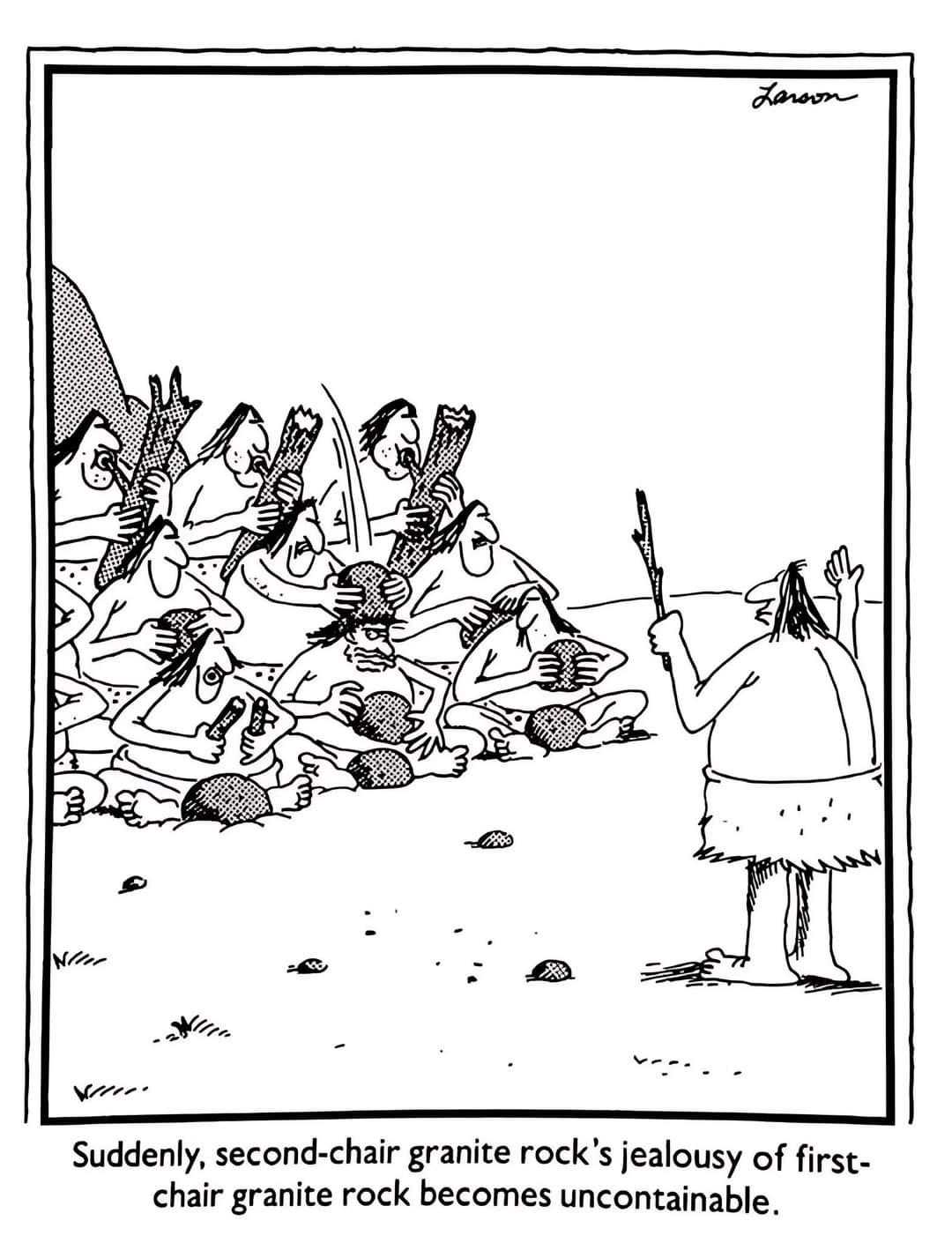 One caveman hits another over the head with a rock while in a primitive form of orchestra.