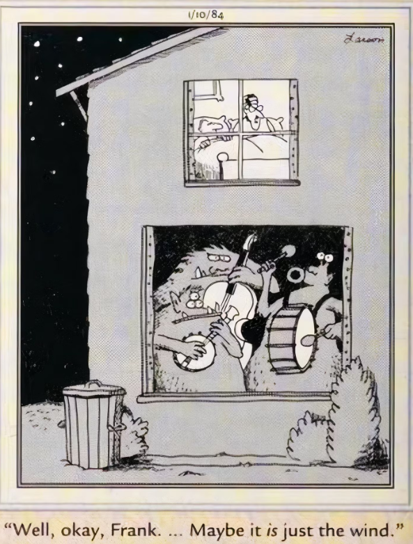 A couple upstairs argues about a noise while downstairs a monster band plays in The Far Side.