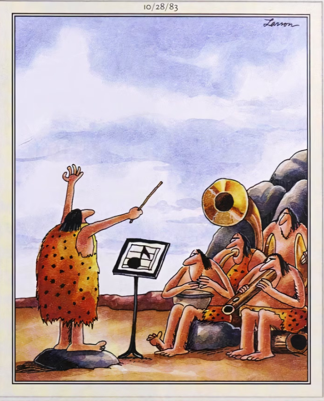A primitive orchestra of cavemen get ready to play a one-note piece in The Far Side.