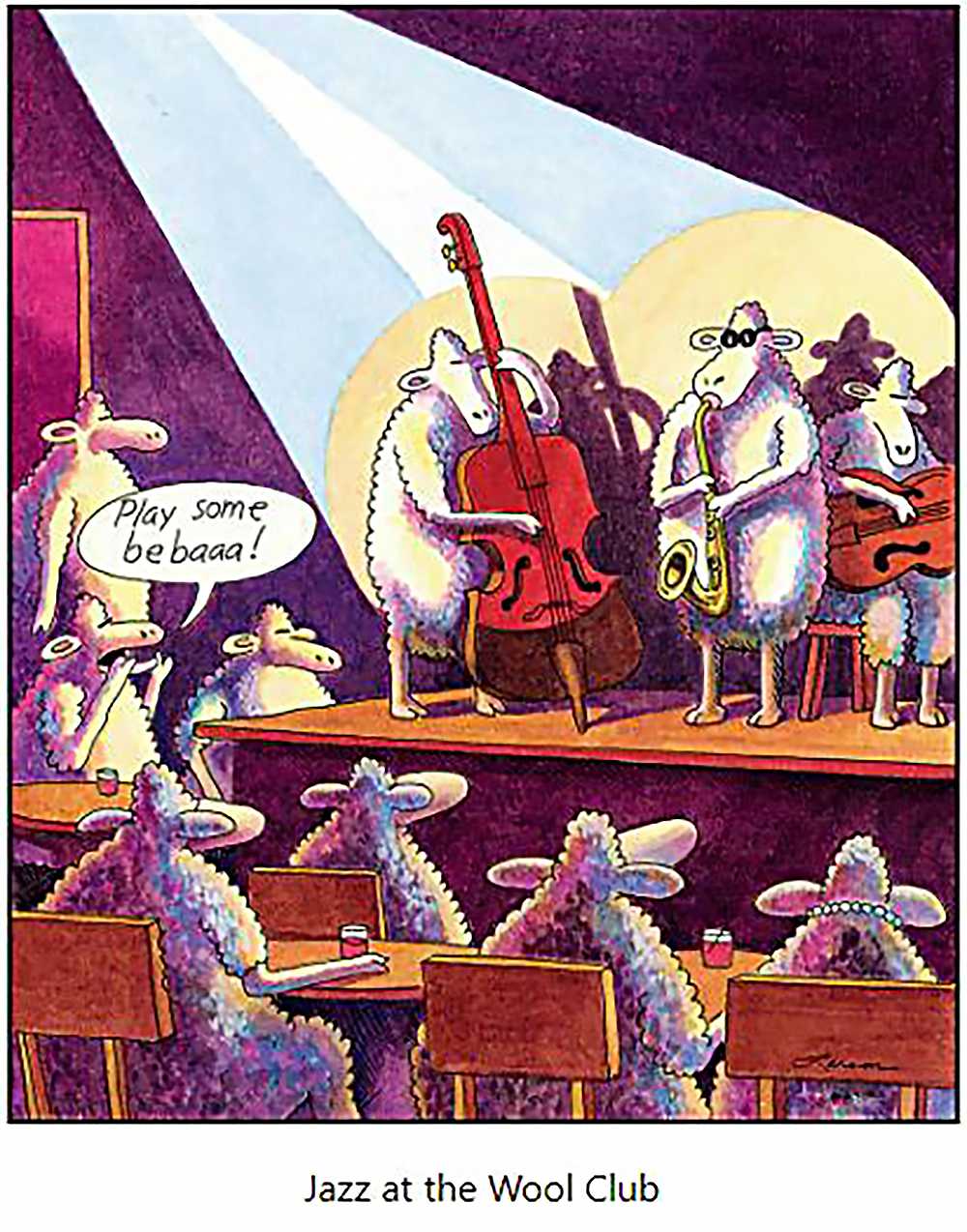 Sheep play jazz on stage while one audience member yells, "play some bebaaa!"