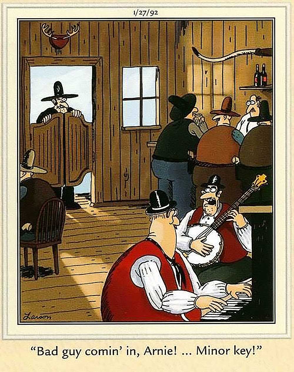 Musicians in a Western bar prepare to play in a minor key as a bad guy walks in the door.