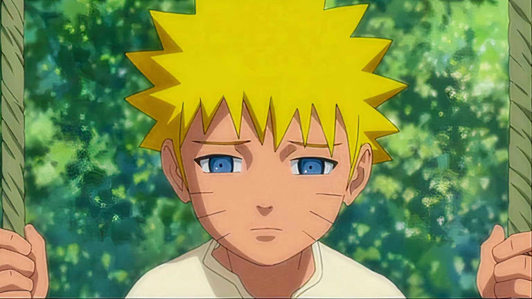 Young Naruto looking sad as he sits on a swing in the Naruto anime series