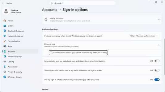 The settings for Dynamic Lock on Windows 11. 