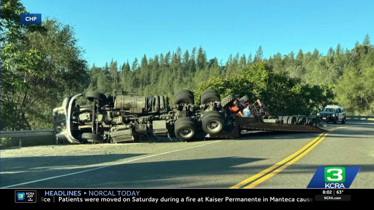 Highway 49 closed after big rig crashes, overturns in Placer County ...