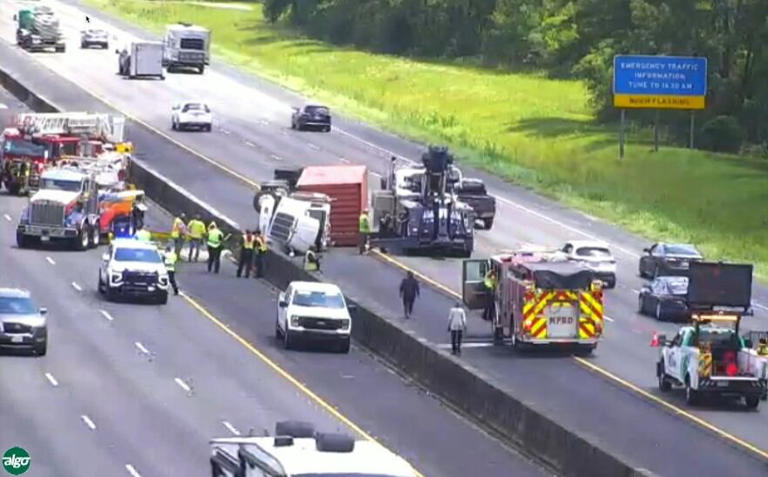 Overturned semi truck snarls I-10 traffic near Rangeline Road