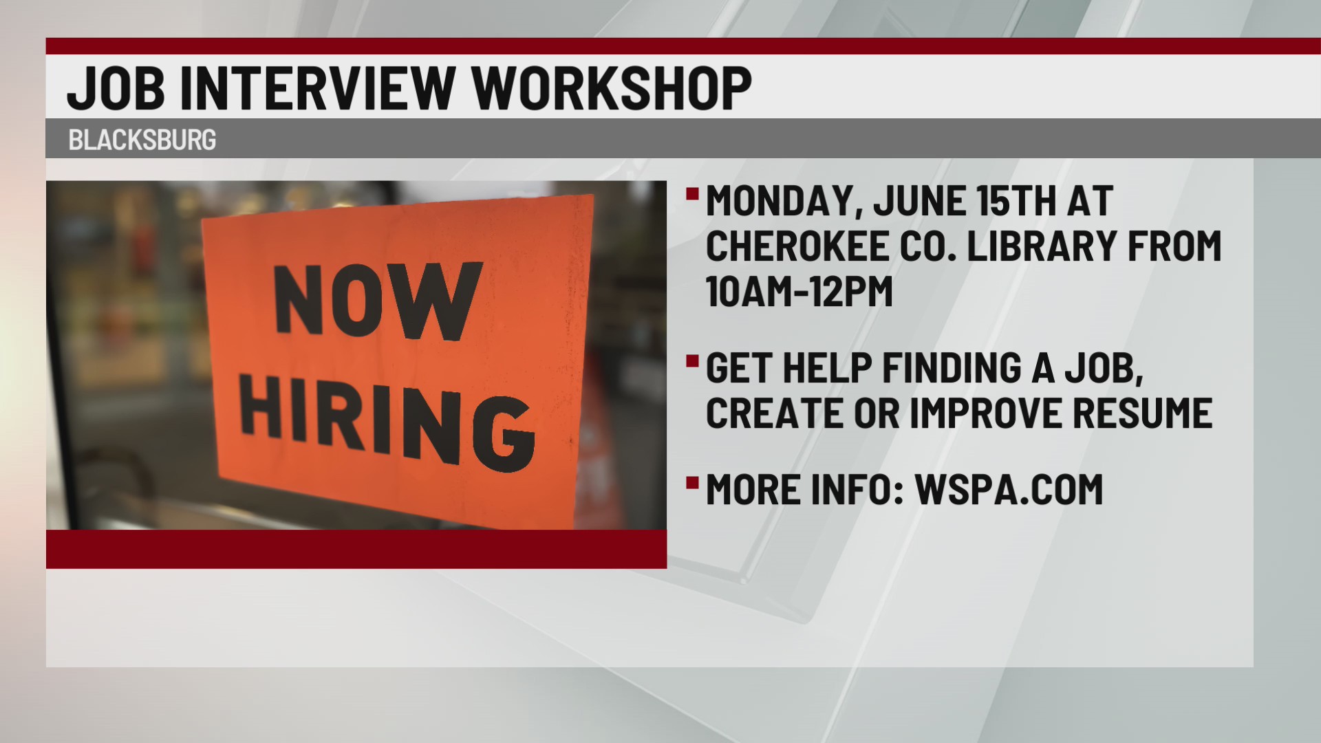 Interview workshop to be held at Cherokee County Library