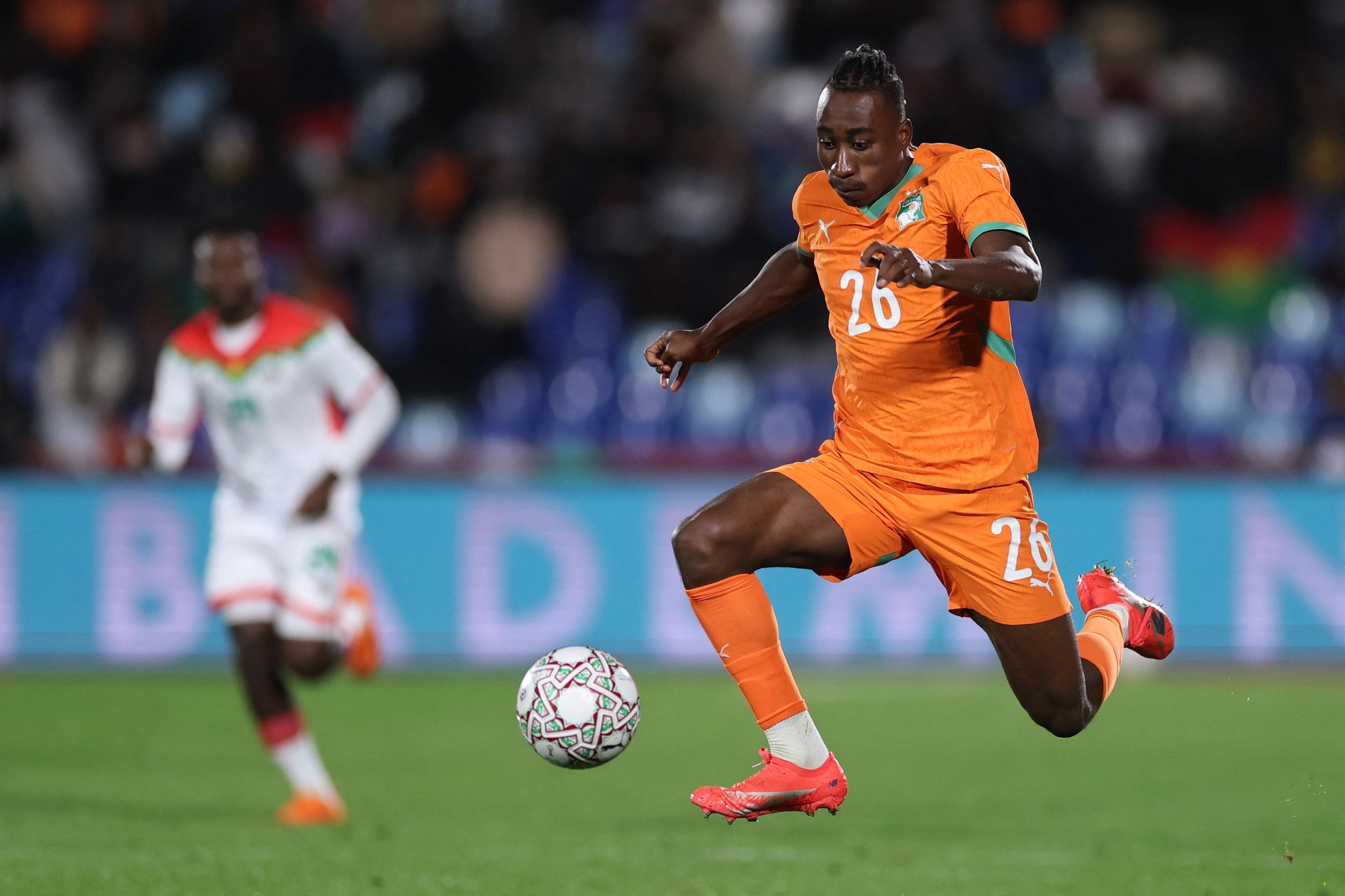 Ivory Coast player Yan Diomande runs with the ball