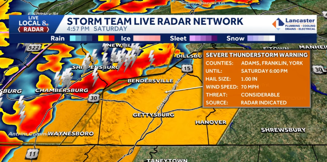 Severe thunderstorm warning issued for Adams, York and Franklin counties