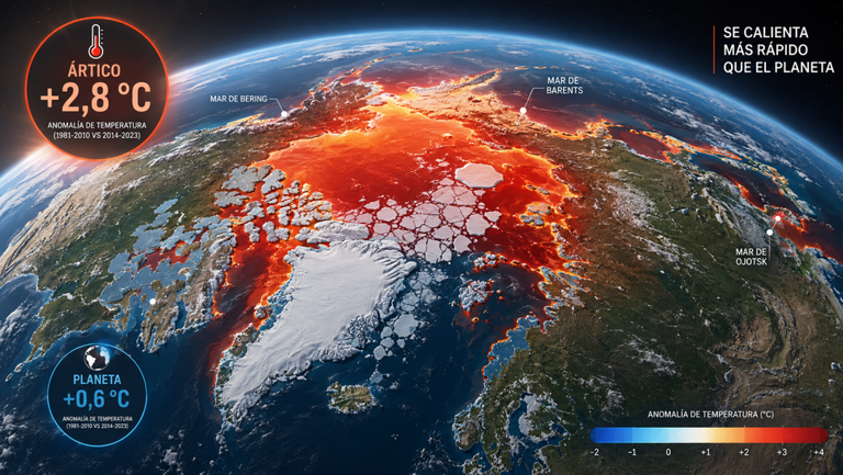 O Ártico volta a acender os alarmes climáticos: a OMM prevê que esta região continuará a aquecer muito mais rapidamente do que a média global, com efeitos sobre o gelo marinho, os ecossistemas e os padrões meteorológicos à escala global.
