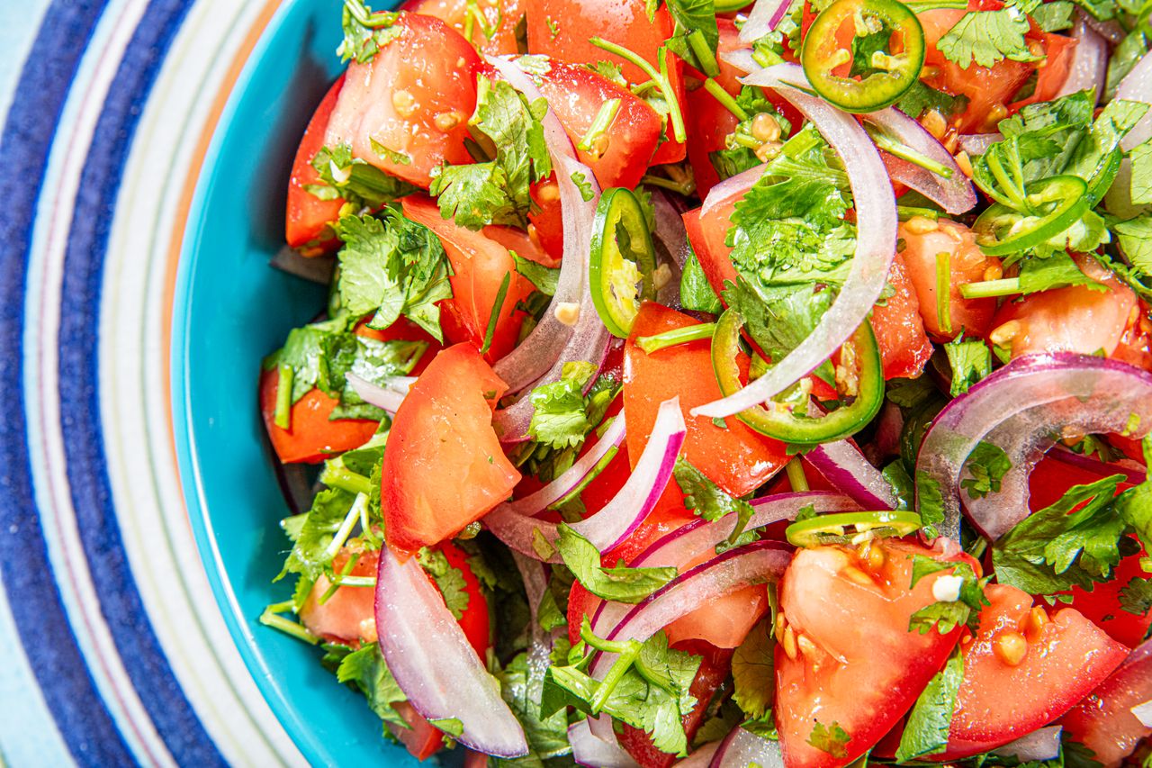 Overhead view of tomato salad