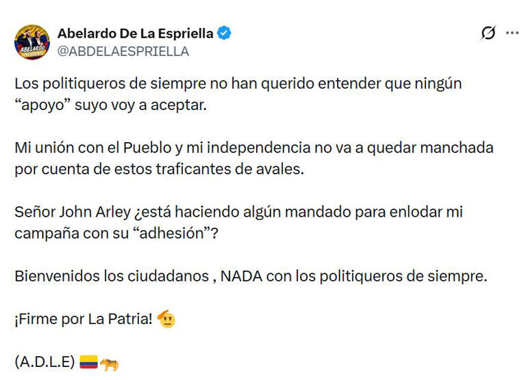 Abelardo de la Espriella reitera que no va a aceptar apoyo de los ...
