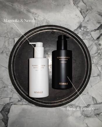 Two Femmue skincare bottles on a tray: one labeled