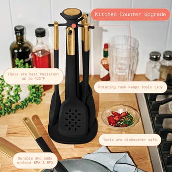 Kitchen utensil set on a countertop includes a rotating rack, heat-resistant tools up to 425°F, BPA & BPS-free, dishwasher safe