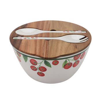 Salad bowl set with wooden lid, cherry pattern on bowl, includes matching spoon and fork on top. Ideal for kitchen gift ideas