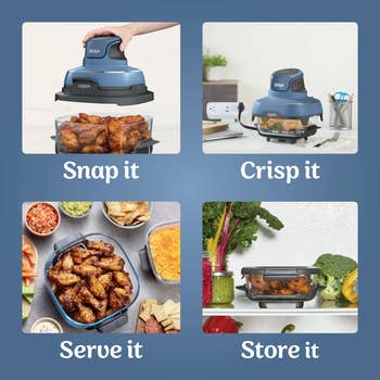 Ninja Flip Oven shown in different settings: cooking chicken, crisping food, serving meal, and storing leftovers