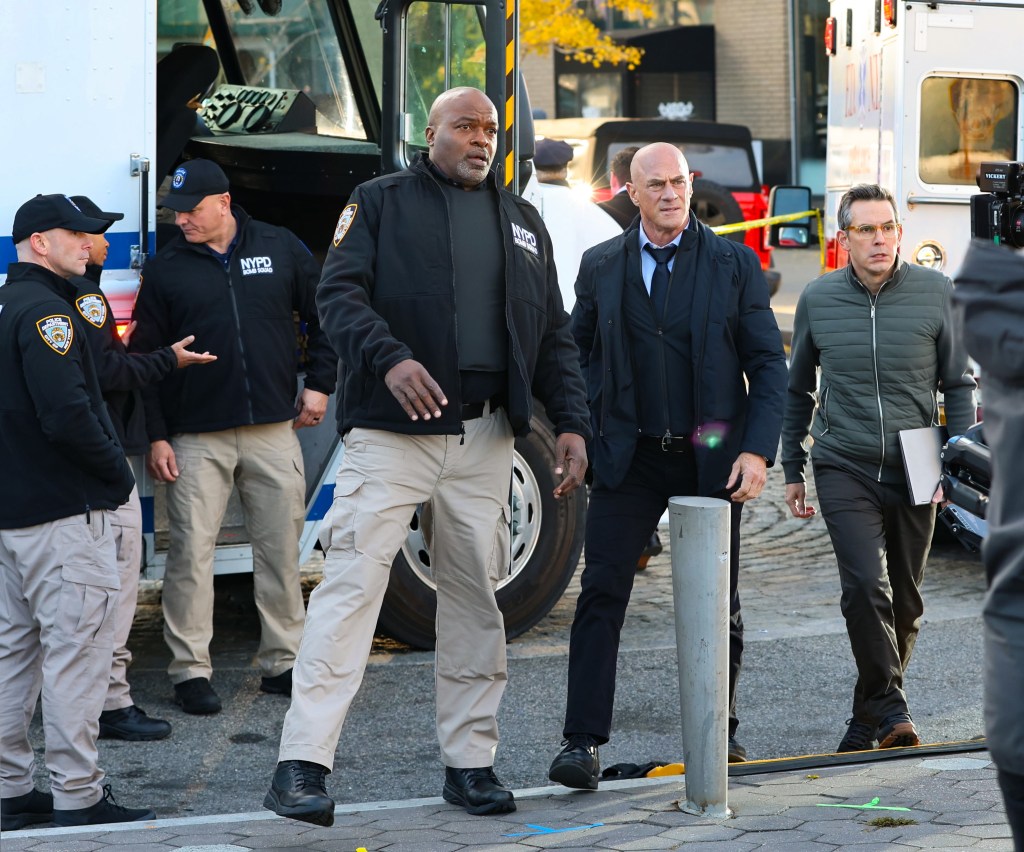 Christopher Meloni, second from the right, filming on the set of “Law and Order: Organized Crime” on November 25, 2024, in New York City.