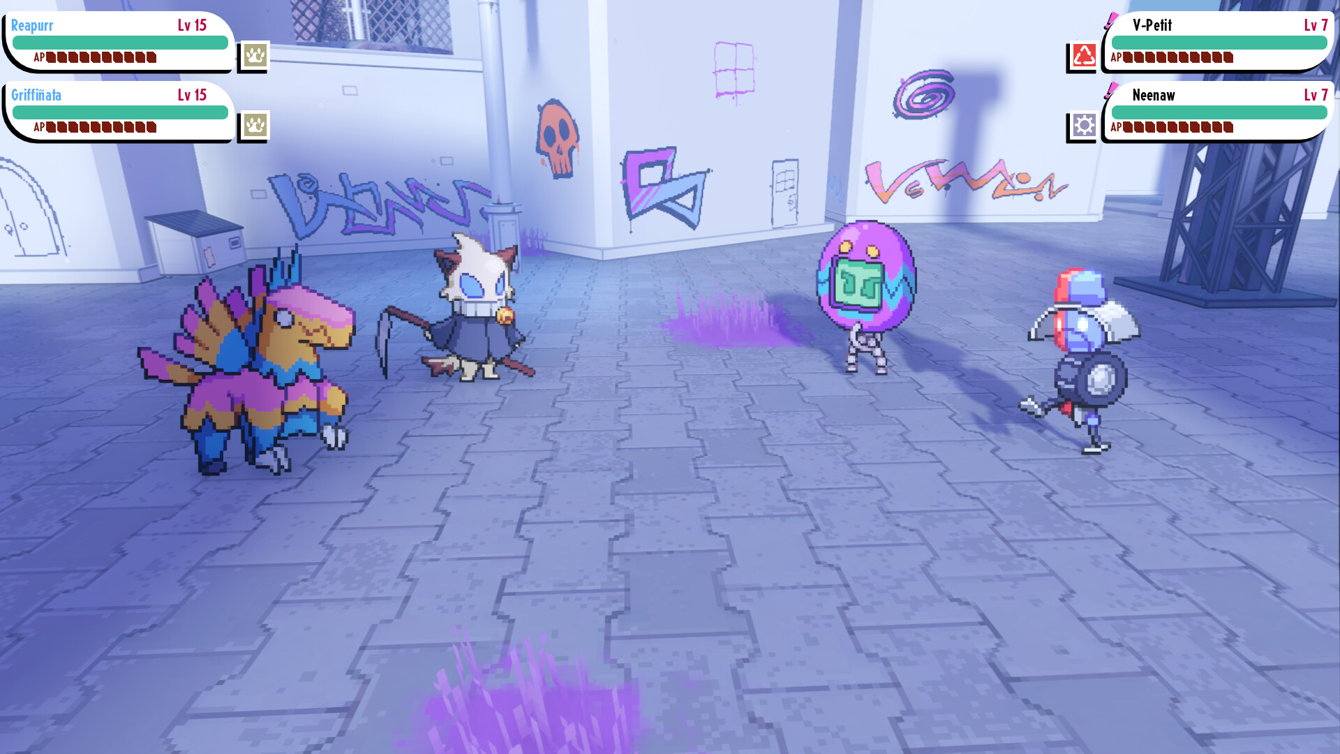 Four pixelated Cassette Beasts (one that looks like a pinata, one that has a scythe, one that looks like Tamagotchi, and another that's made of metal) in Cassette Beasts 2002