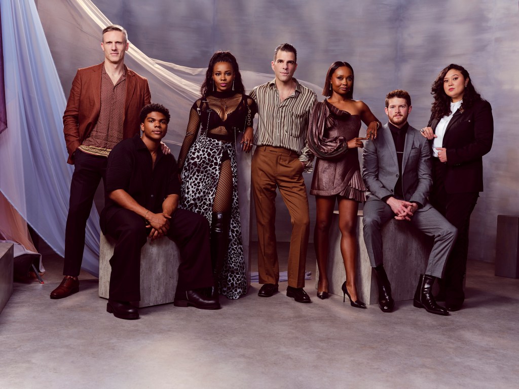 From left, the cast of “Brilliant Minds,” Teddy Sears, Spence Moore II, Tamberla Perry, Zachary Quinto, Ashleigh LaThrop, Alex MacNicoll and Aury Krebs on October 10, 2024, in Los Angeles.