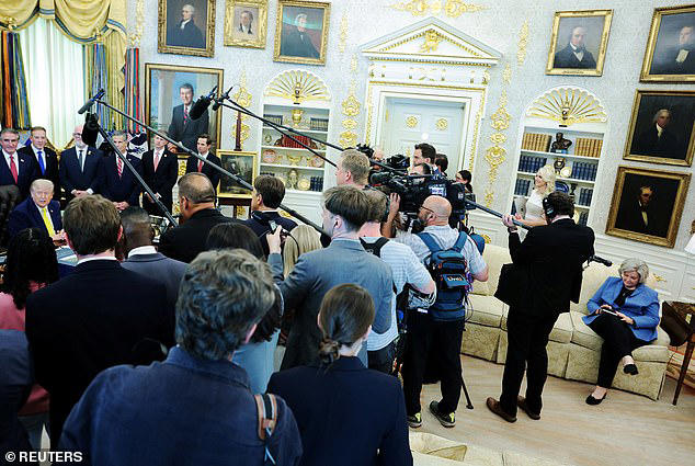 Wiles sits on a couch as President Trump takes questions from reporters in the Oval Office at the White House on June 4.