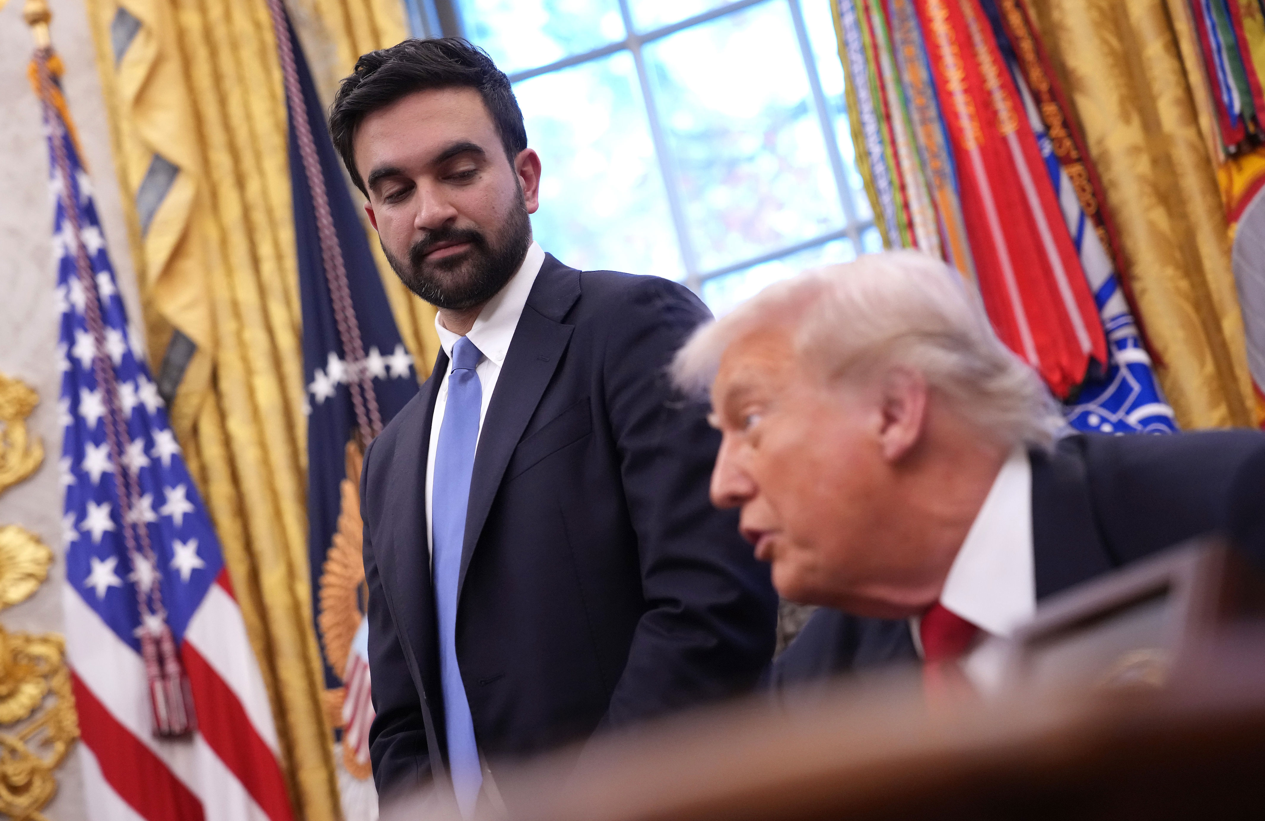 It remains unclear whether New York City Mayor Zohran Mamdani and President Donald Trump, seen here during a November 2025 meeting in the Oval Office, will speak at tonight's Knicks-Spurs game (Getty Images)