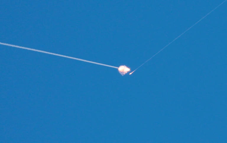 Israeli anti-air-defense interceptors, as seen from Ramallah in the West Bank.