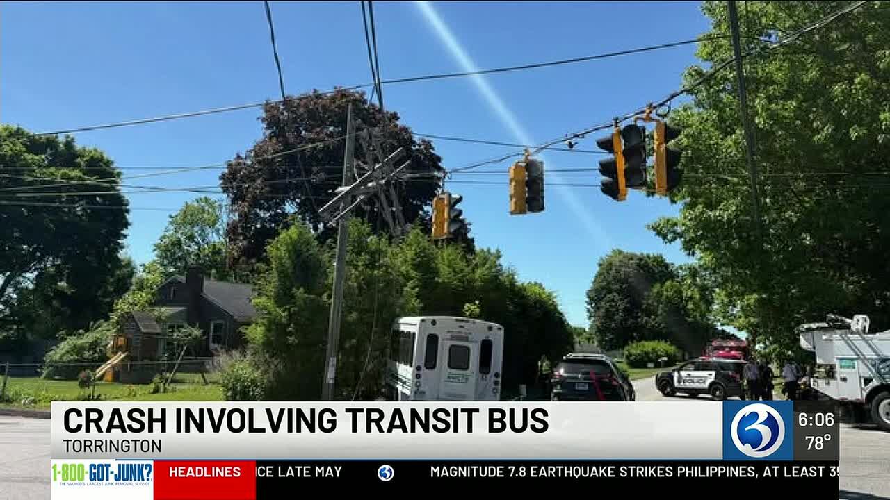 Transit bus hit by car, crashes into telephone pole in Torrington
