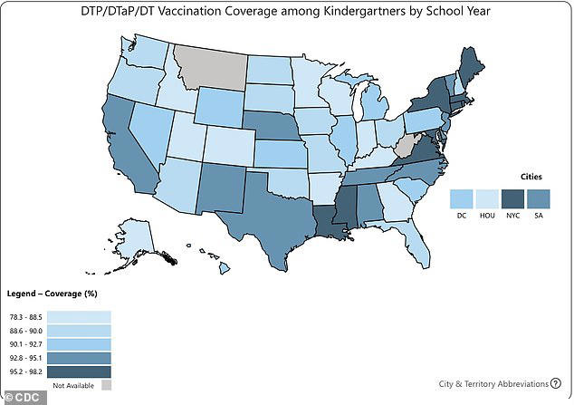 The above map shows the state-by-state coverage rate for vaccines that protect against tetanus among children entering kindergarten for the 2024-2025 school year