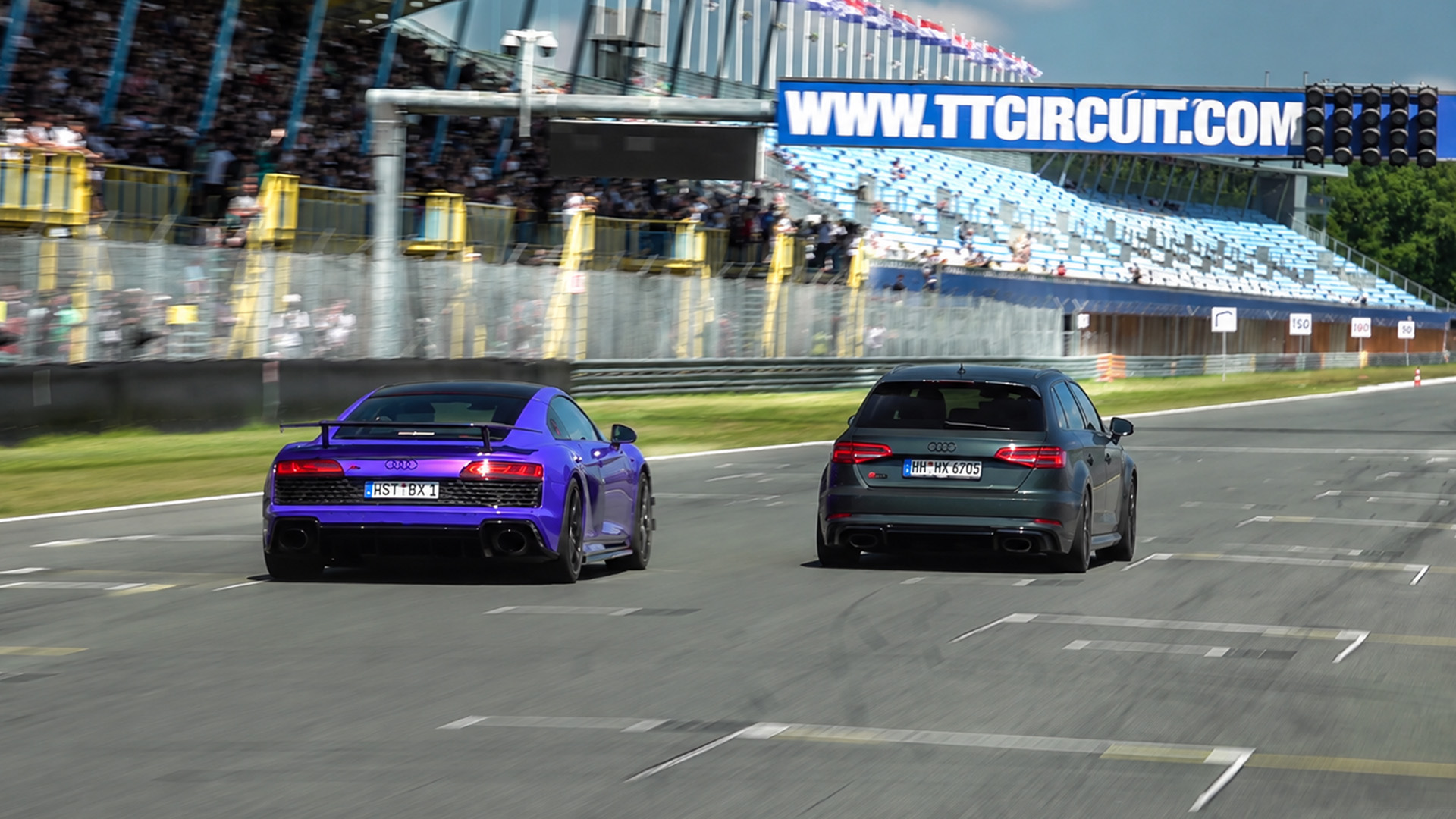 Audi R8 battles RS3 in a circuit drag race