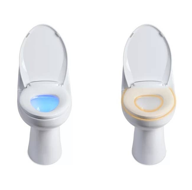 Two toilet bowls, one with a glowing blue light inside and the other with a yellowish toilet seat