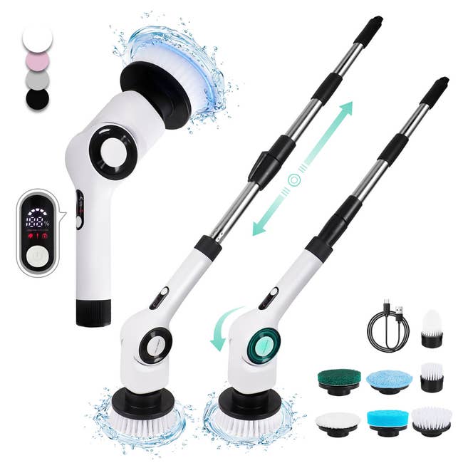 Electric spin scrubber set with two brush heads, adjustable handle, charging cable, and control panel for easy cleaning