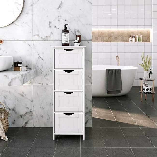 The cabinet in a bathroom
