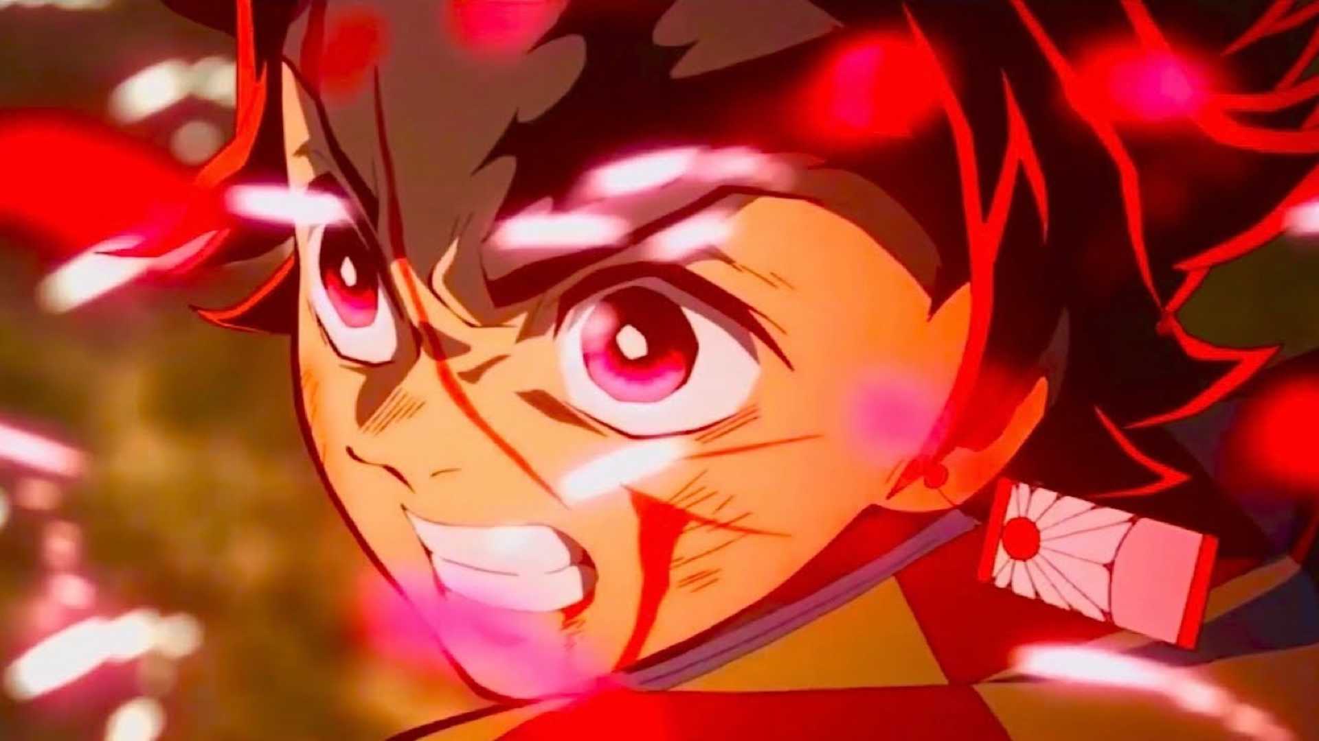 Tanjiro on the offensive, swinging his blade in Demon Slayer anime