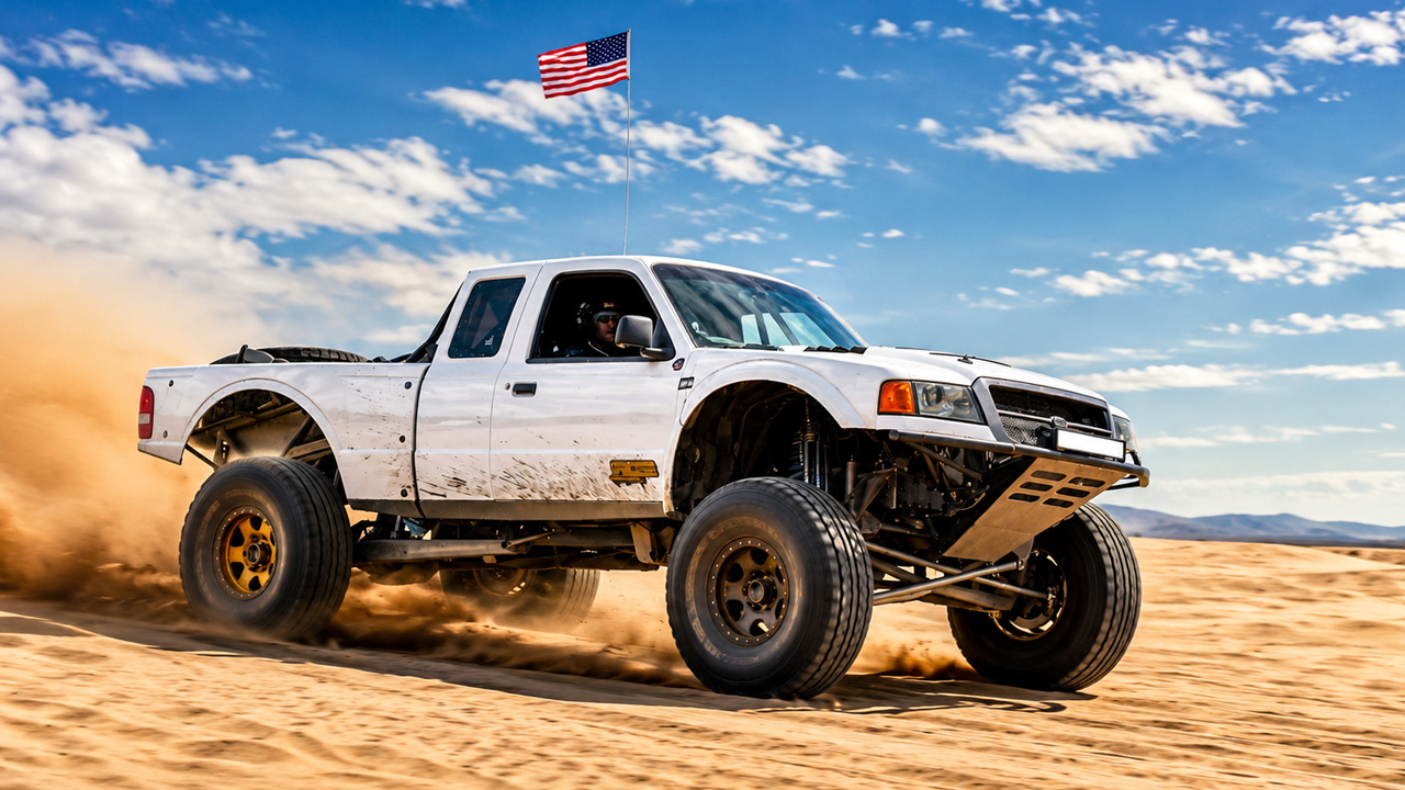 Ford Ranger prerunner flies over friends