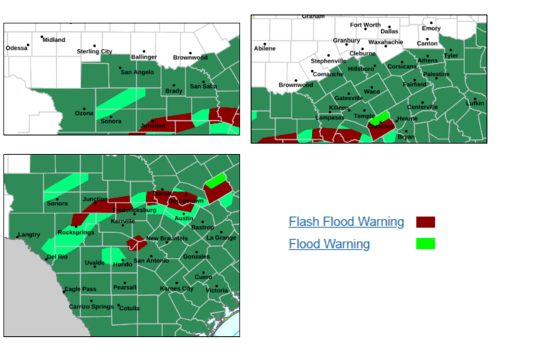 Texas map shows large parts of state under flood warnings