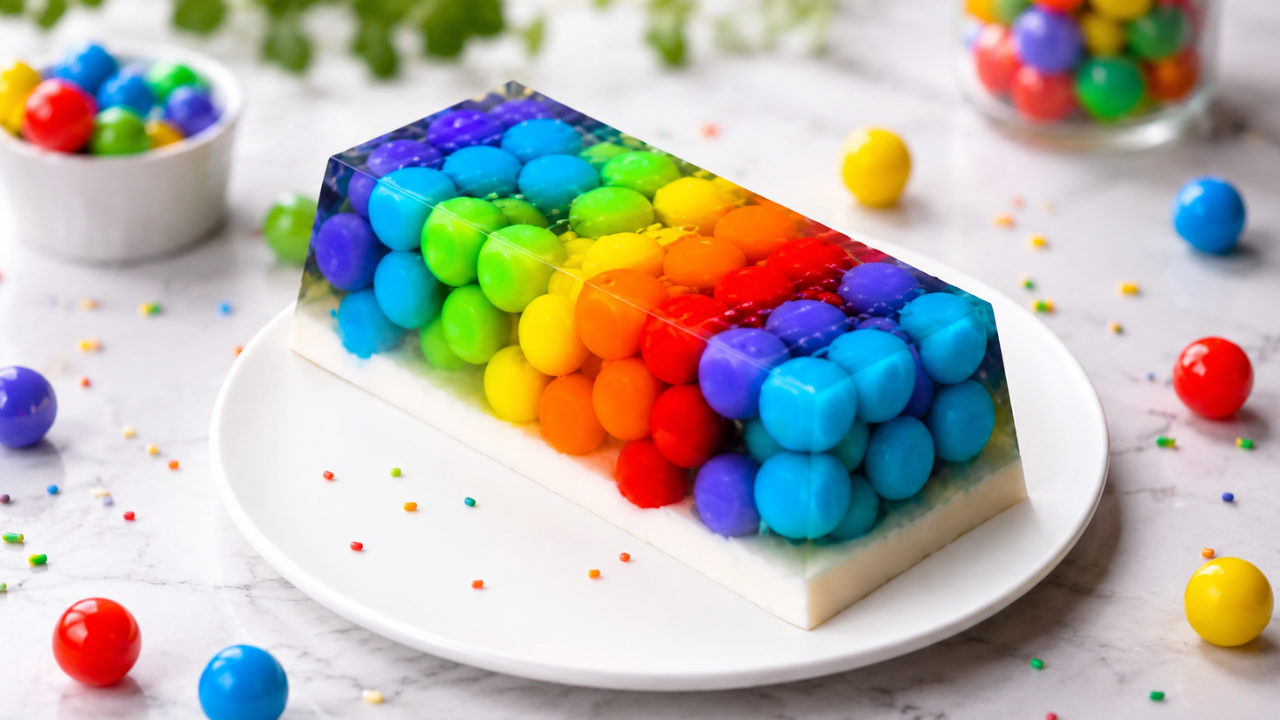 Rainbow jelly dessert with colorful candy balls